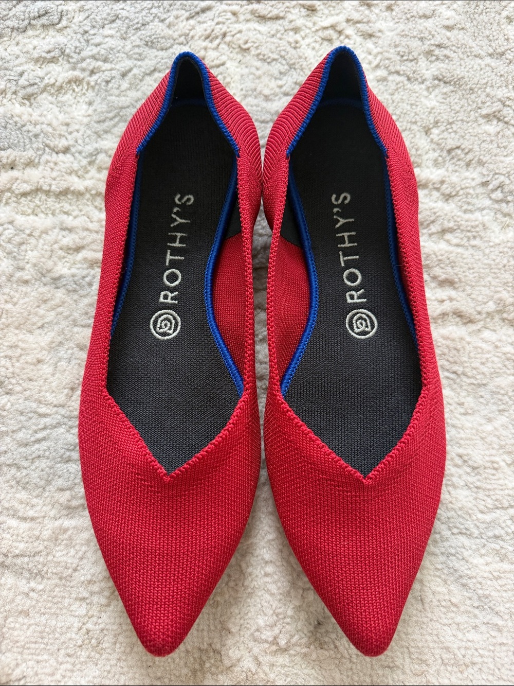 Rothy's Pointed Knit Flats in Red with Blue Trim